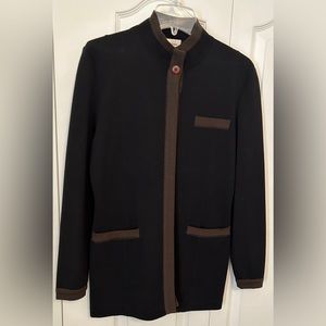 Dana Buchman: 2pc Black with brown trim, long sleeve sweater jacket/skirt. S- 10